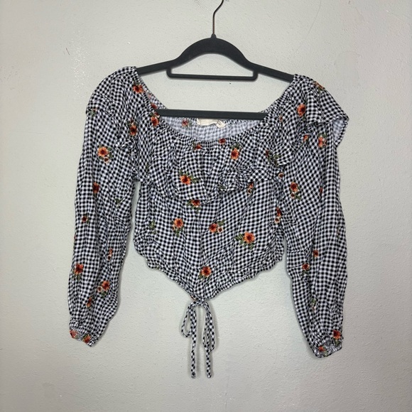 Peach Love Floral Gingham Crop Top Women's Top Size Large - Picture 1 of 6